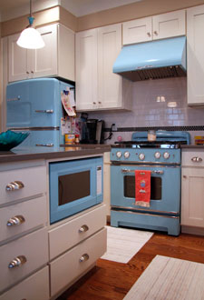 the blue retro kitchen appliances in the UP house
